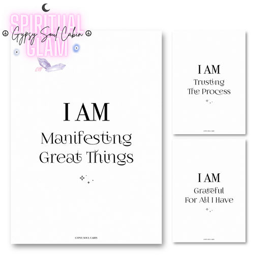 Set of three minimalist black and white A4 typography prints featuring the manifestation quotes I Am Trusting The Process, I Am Grateful For All I Have, and I Am Manifesting Great Things.