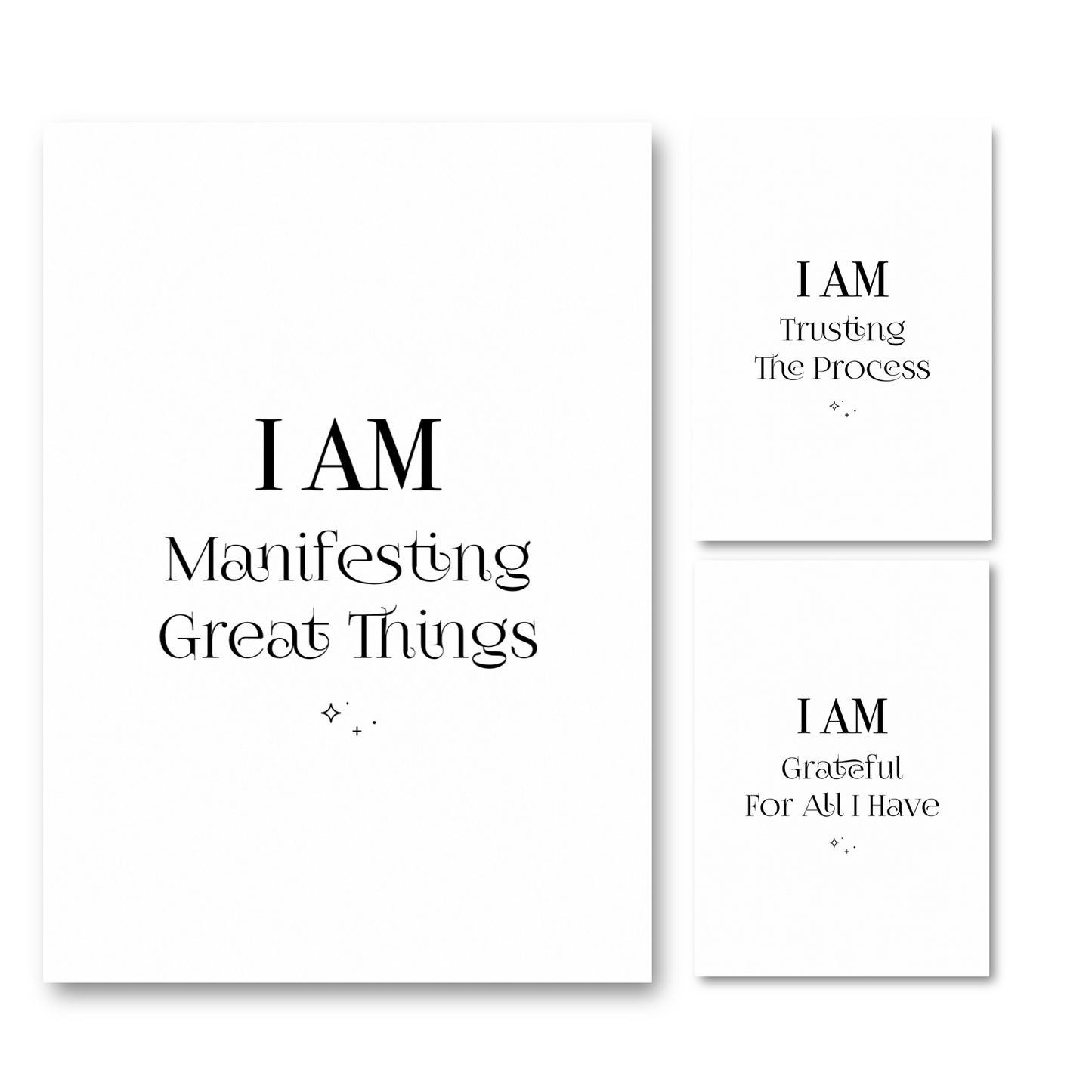 Set of three minimalist black and white A4 typography prints featuring the manifestation quotes I Am Trusting The Process, I Am Grateful For All I Have, and I Am Manifesting Great Things.