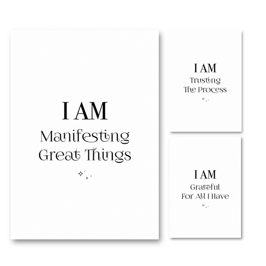 Set of three minimalist black and white A4 typography prints featuring the manifestation quotes I Am Trusting The Process, I Am Grateful For All I Have, and I Am Manifesting Great Things.