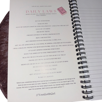 Interior page layout of the Gypsy Soul Cabin lined notepad displaying a structured self-care, mindset, and morning routine checklist titled Daily Laws with the hashtag YouGotItGirl.