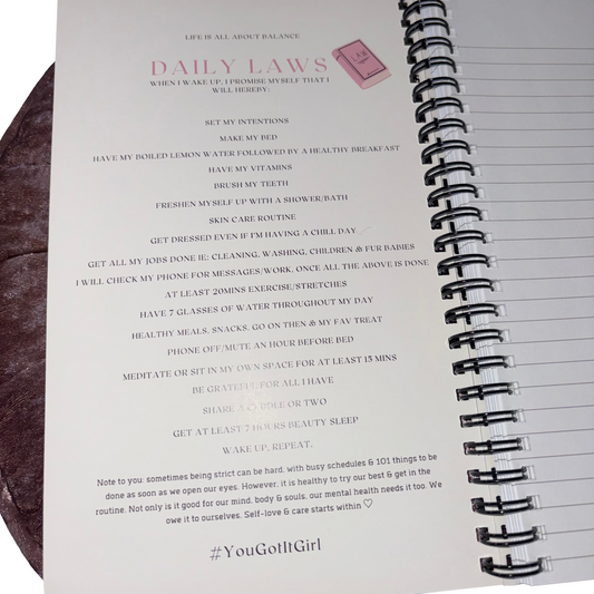 Interior page layout of the Gypsy Soul Cabin lined notepad displaying a structured self-care, mindset, and morning routine checklist titled Daily Laws with the hashtag YouGotItGirl.