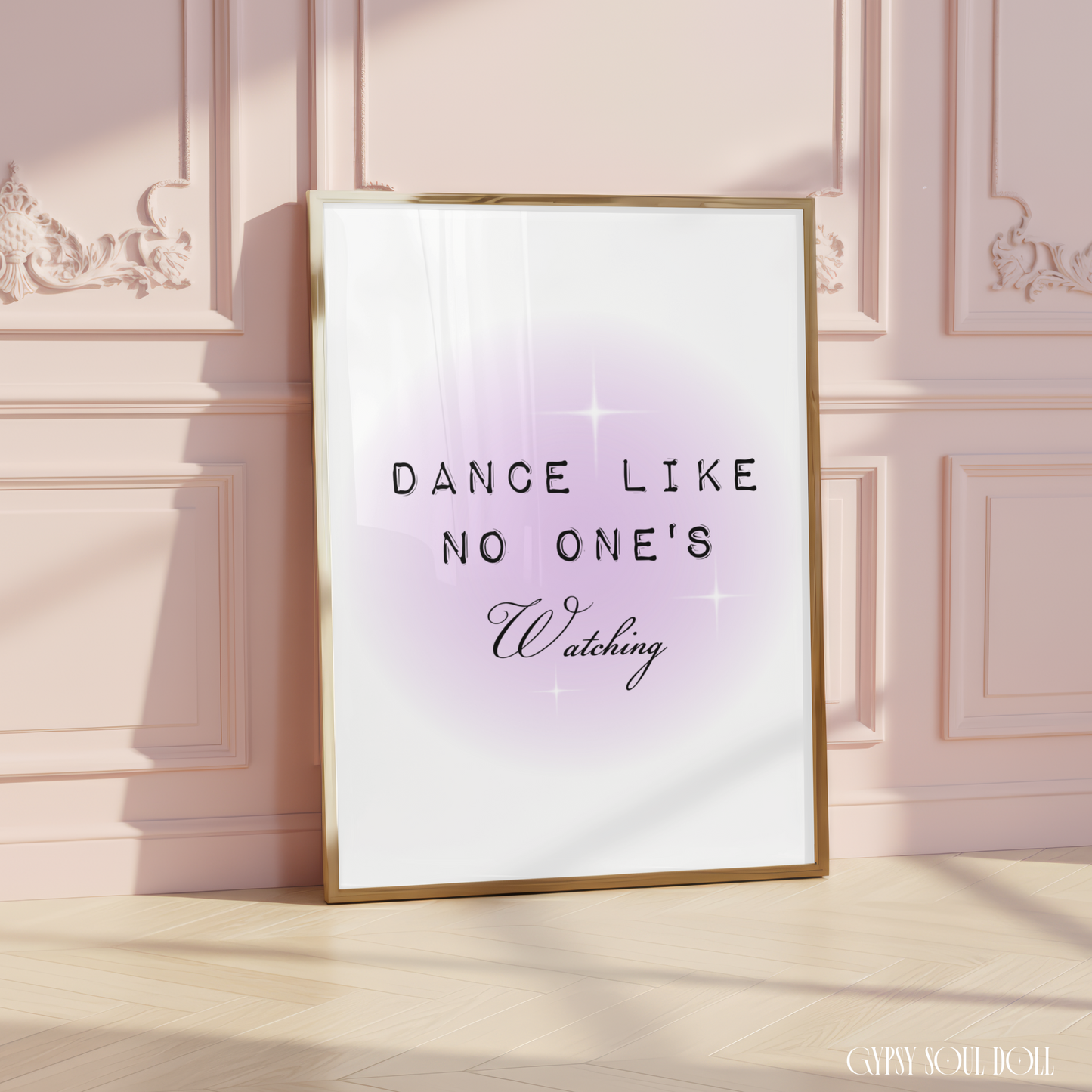 Spiritual typography print with a purple aura gradient background reading Dance Like No One's Watching with elegant cursive highlights and star glints.