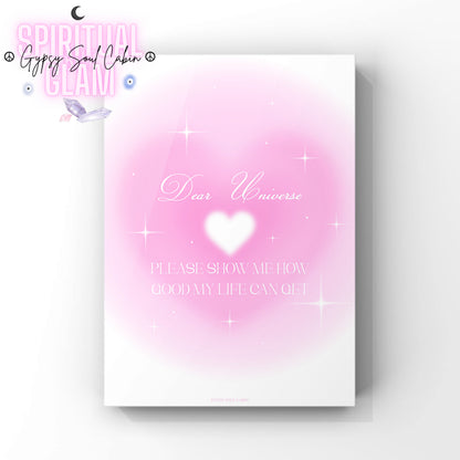 Minimalist A4 spiritual wall art print featuring a glowing pink heart aura gradient background with elegant white cursive script reading Dear Universe and a serif text manifestation block.