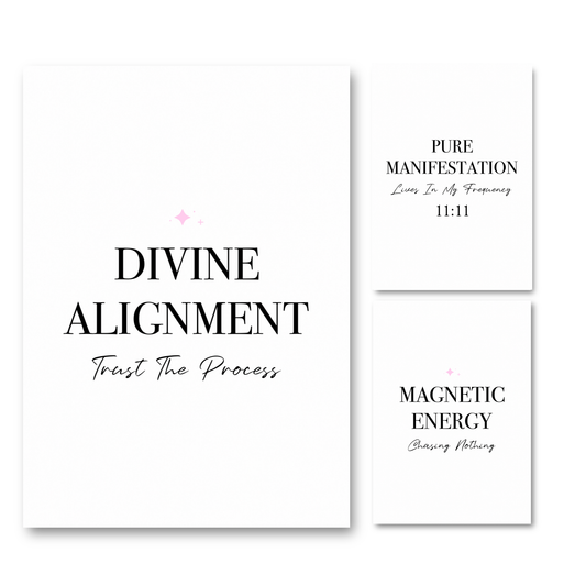 Curated 3-piece A4 monochrome poster set displaying one large 'DIVINE ALIGNMENT Trust The Process' print next to two stacked prints reading 'PURE MANIFESTATION Lives In My Frequency 11:11' and 'MAGNETIC ENERGY Chasing Nothing' by Gypsy Soul Doll.