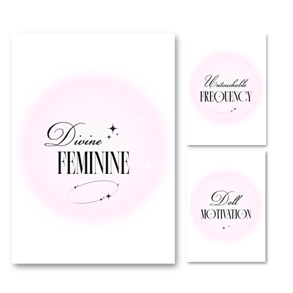 A matching three-piece A4 typography print set by Gypsy Soul Doll featuring 'Divine FEMININE', 'Untouchable FREQUENCY', and 'Doll MOTIVATION' over soft pink airbrush aura circles with celestial graphics.