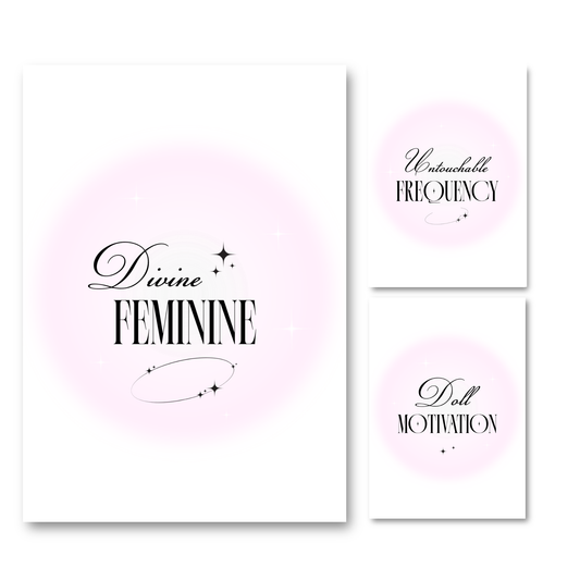 A matching three-piece A4 typography print set by Gypsy Soul Doll featuring 'Divine FEMININE', 'Untouchable FREQUENCY', and 'Doll MOTIVATION' over soft pink airbrush aura circles with celestial graphics.