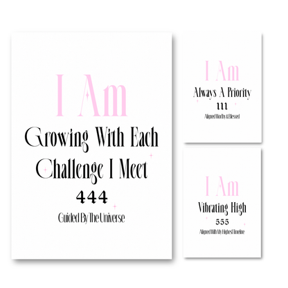 Set of three minimalist typography wall art prints featuring soft pink variant versions of I Am Always A Priority 111, I Am Vibrating High 555, and I Am Growing With Each Challenge I Meet.