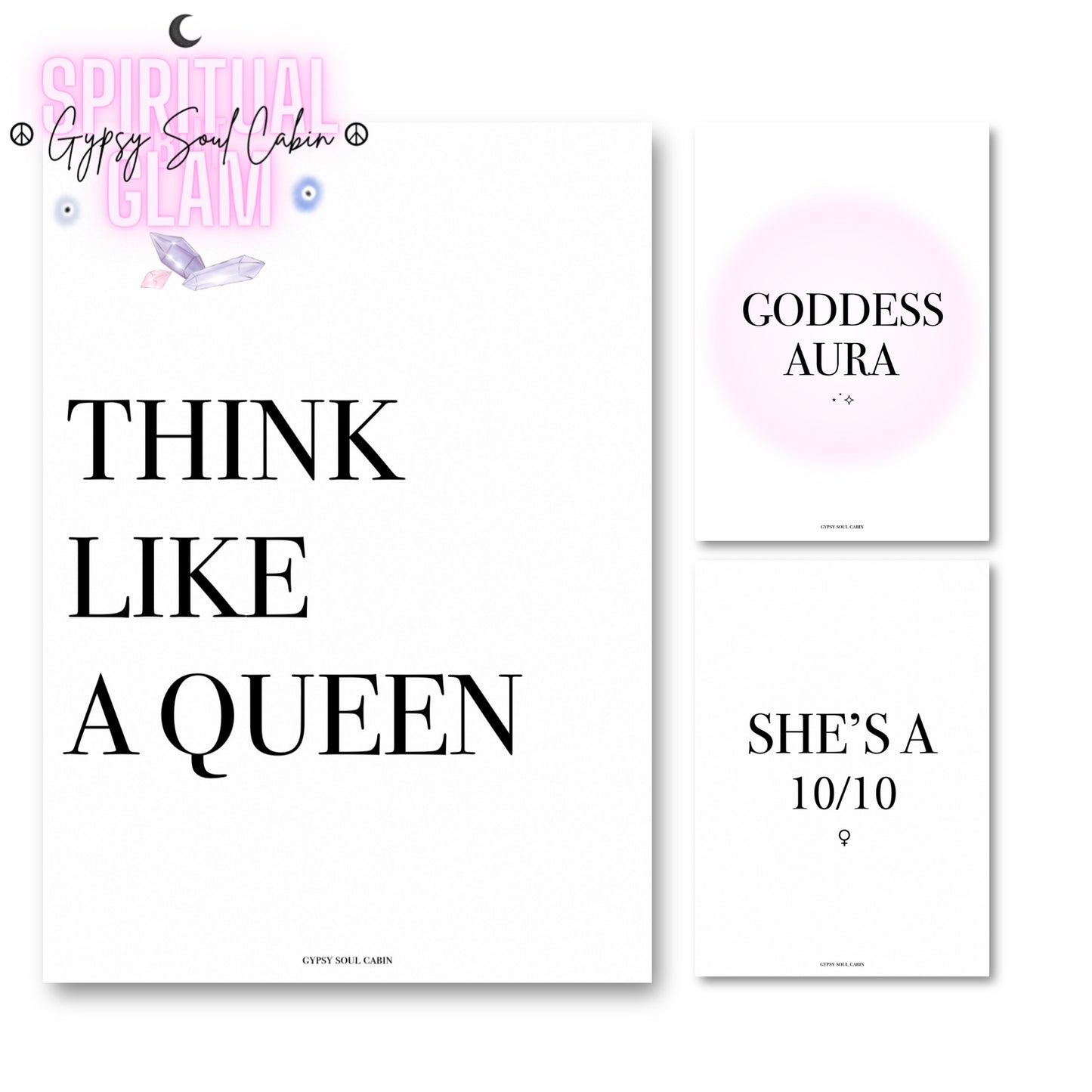 Set of three minimalist A4 typography wall art prints featuring a pink gradient Goddess
Aura poster alongside motivational empress mindset quotes.