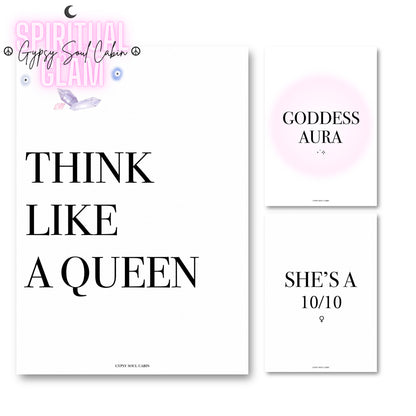 Set of three minimalist A4 typography wall art prints featuring a pink gradient Goddess
Aura poster alongside motivational empress mindset quotes.