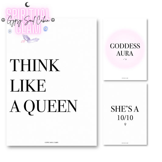 Set of three minimalist A4 typography wall art prints featuring a pink gradient Goddess
Aura poster alongside motivational empress mindset quotes.