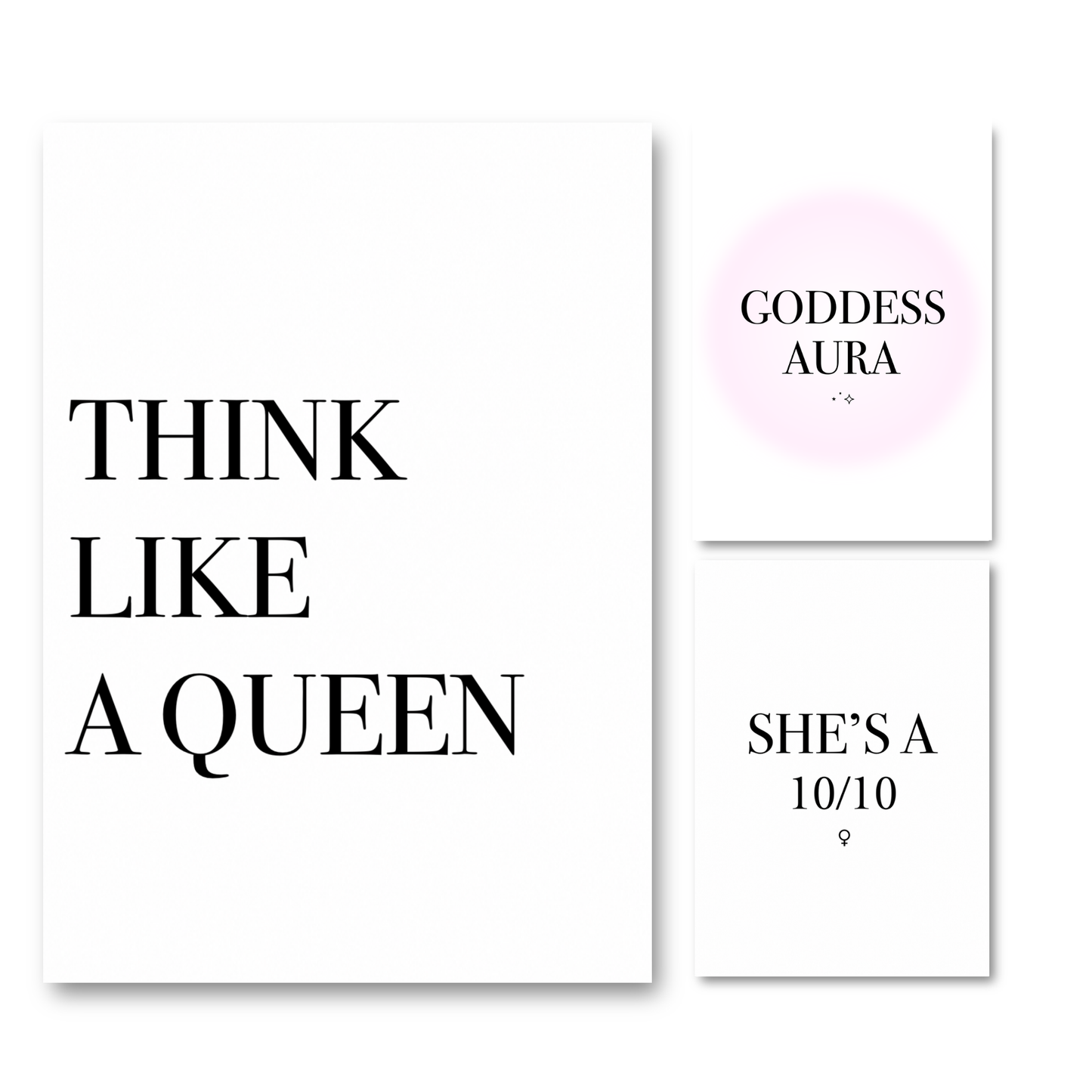 Set of three minimalist A4 typography wall art prints featuring a pink gradient Goddess
Aura poster alongside motivational empress mindset quotes.