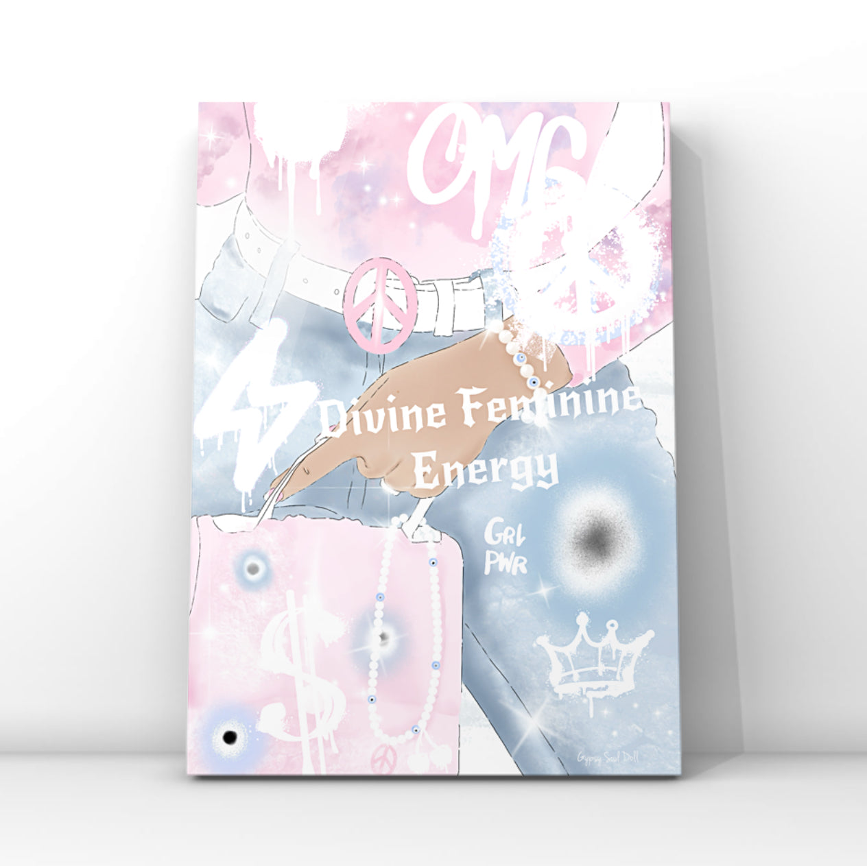 Vibrant Y2K aesthetic fashion graffiti print featuring pink and blue airbrush effects, peace signs, a crown motif, and the text Divine Feminine Energy.