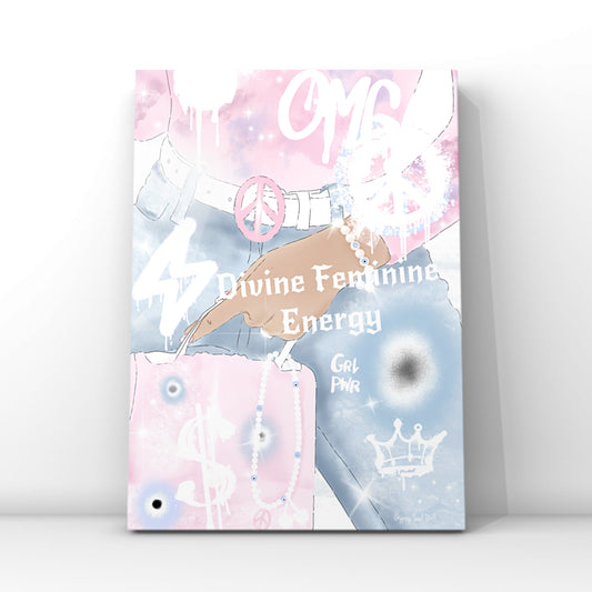 Vibrant Y2K aesthetic fashion graffiti print featuring pink and blue airbrush effects, peace signs, a crown motif, and the text Divine Feminine Energy.