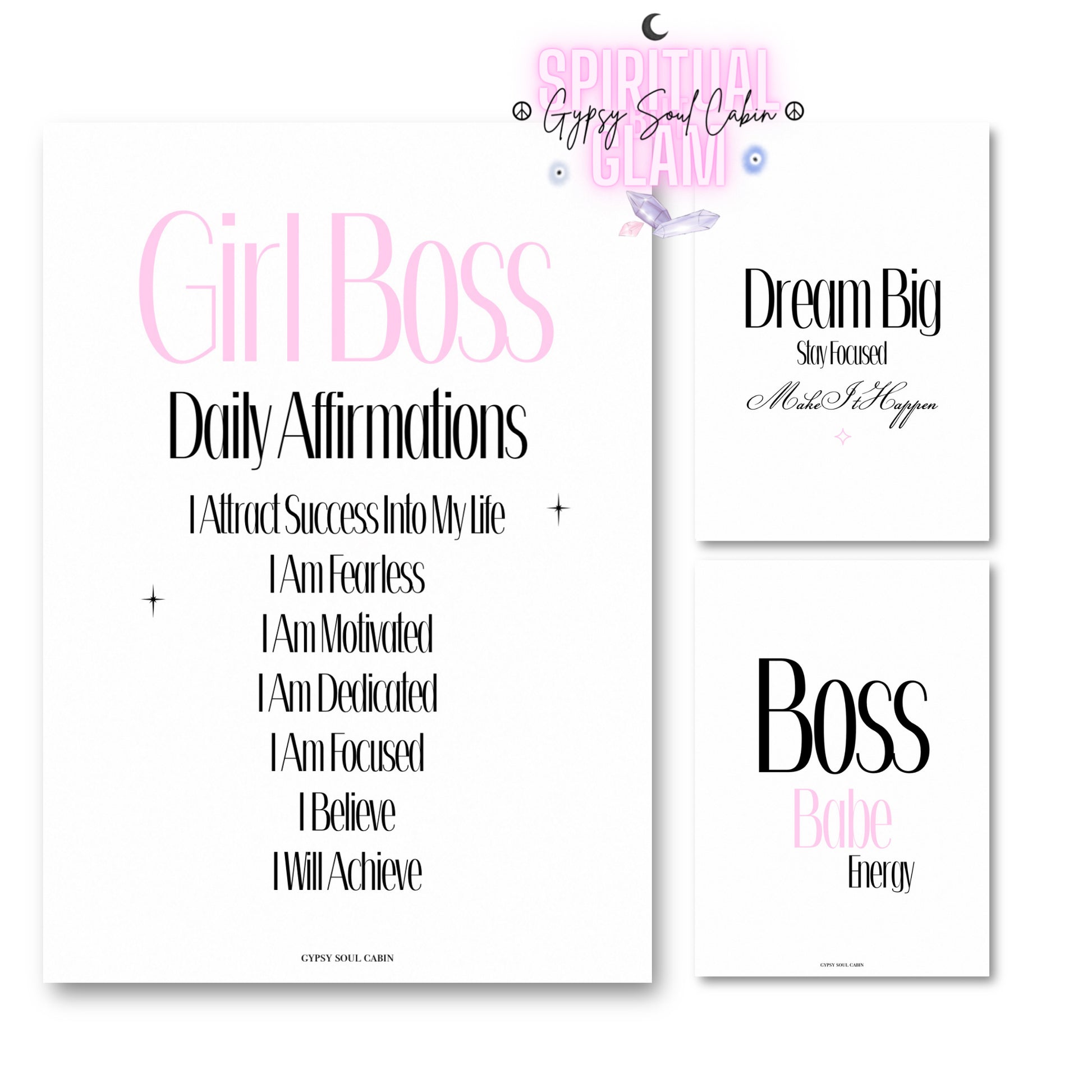 Set of three minimalist typography wall art prints featuring soft pink variant versions of Girl Boss Daily Affirmations, Dream Big, and Boss Babe Energy.