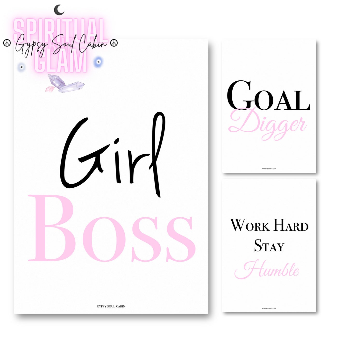  Set of three minimalist typography wall art prints featuring soft pink variant versions of Girl Boss, Goal Digger, and Work Hard Stay Humble.