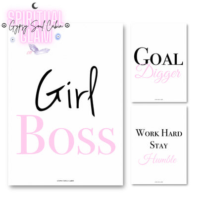 Set of three minimalist typography wall art prints featuring soft pink variant versions of Girl Boss, Goal Digger, and Work Hard Stay Humble.