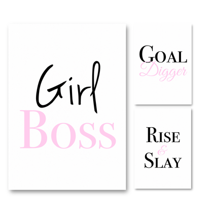  Set of three minimalist typography wall art prints featuring soft pink variant versions of Girl Boss, Goal Digger, and Rise & Slay.