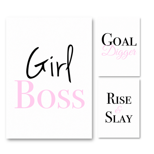  Set of three minimalist typography wall art prints featuring soft pink variant versions of Girl Boss, Goal Digger, and Rise & Slay.