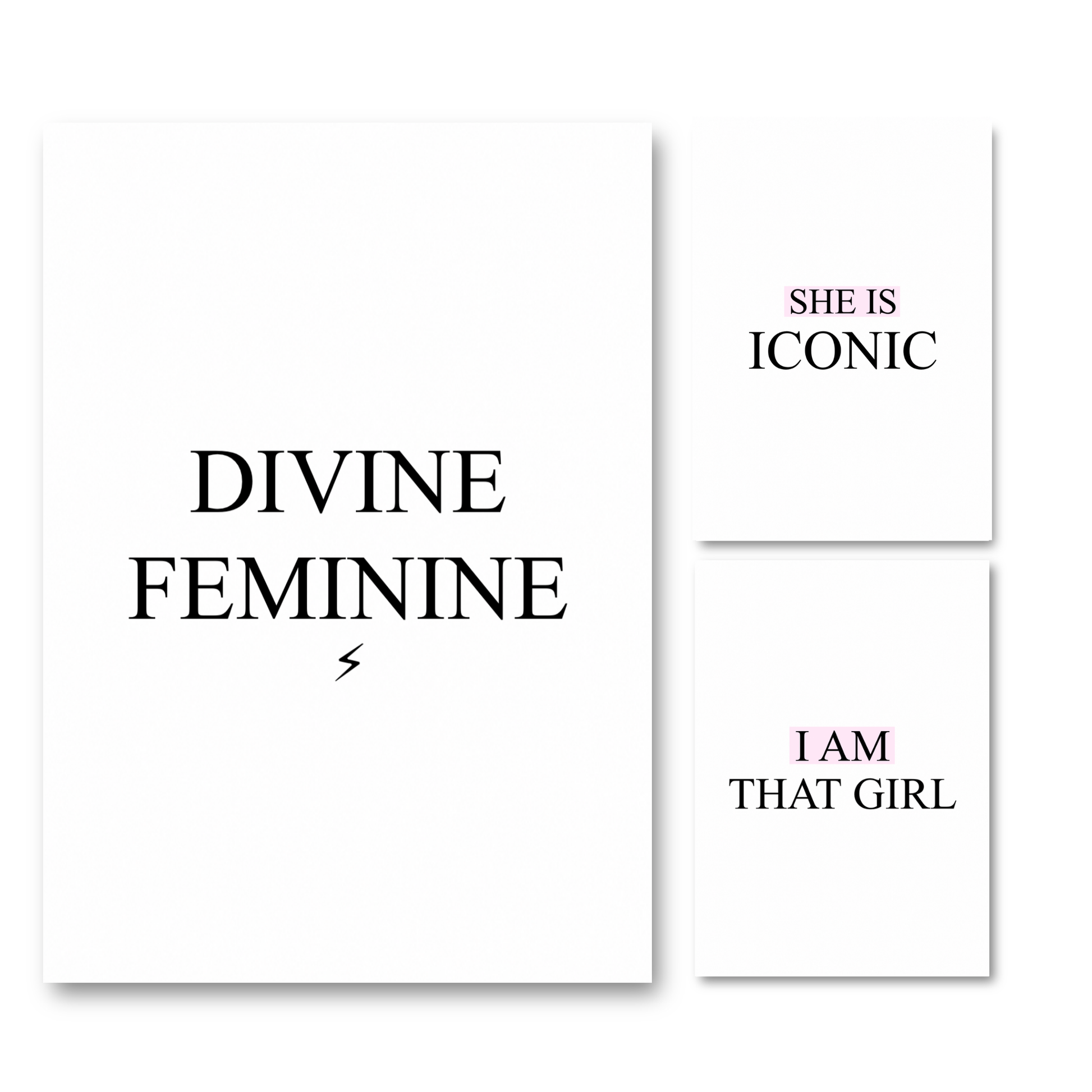 Three minimalist art prints with black and purple text on a white background, including the phrases 'DIVINE FEMININE,' 'SHE IS ICONIC,' and 'I AM THAT GIRL.'.