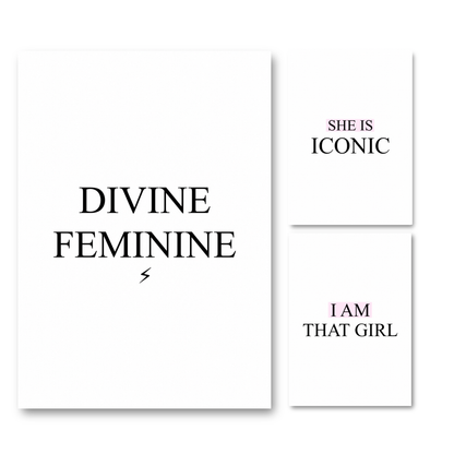 Three minimalist art prints with black and purple text on a white background, including the phrases 'DIVINE FEMININE,' 'SHE IS ICONIC,' and 'I AM THAT GIRL.'.