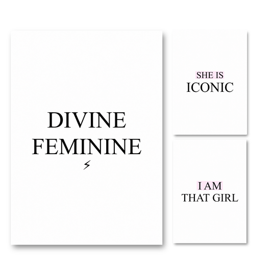 Three minimalist art prints with black and purple text on a white background, including the phrases 'DIVINE FEMININE,' 'SHE IS ICONIC,' and 'I AM THAT GIRL.'.