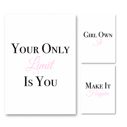 Set of three minimalist typography wall art prints featuring soft pink variant versions of Your Only Limit Is You, Girl Own It, and Make It Happen.