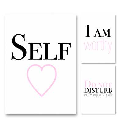 Set of three minimalist typography wall art prints featuring soft pink variant versions of SELF with a pink heart outline, I AM worthy, and Do Not Disturb.