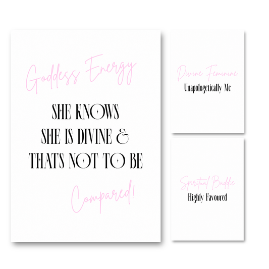 A matching three-piece A4 typography print set by Gypsy Soul Doll called the Divine Spiritual Energy A4 Poster Print Set, featuring 'She Knows She Is Divine', 'Unapologetically Me', and 'Highly Favoured' in black editorial typography with soft pink cursive overlays.