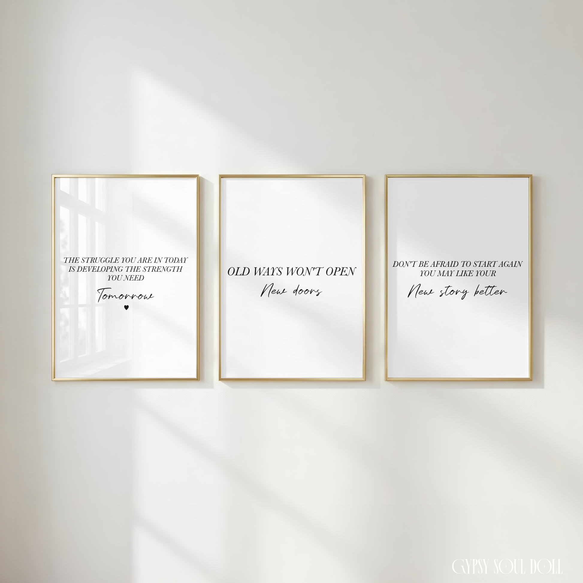 Set of three minimalist black and white typography prints featuring positive mindset quotes and motivational life chapter reminders.
