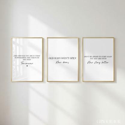 Set of three minimalist black and white typography prints featuring positive mindset quotes and motivational life chapter reminders.