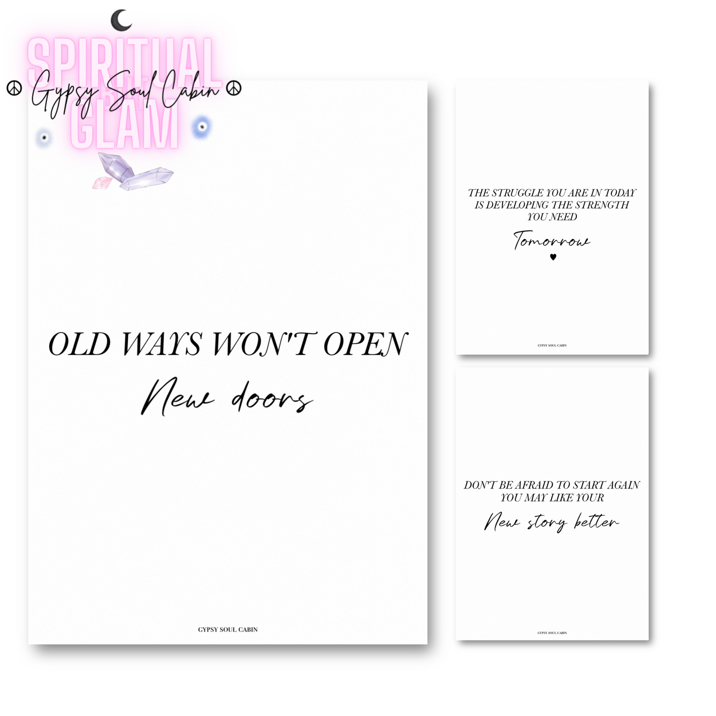 Set of three minimalist black and white typography prints featuring positive mindset quotes and motivational life chapter reminders.