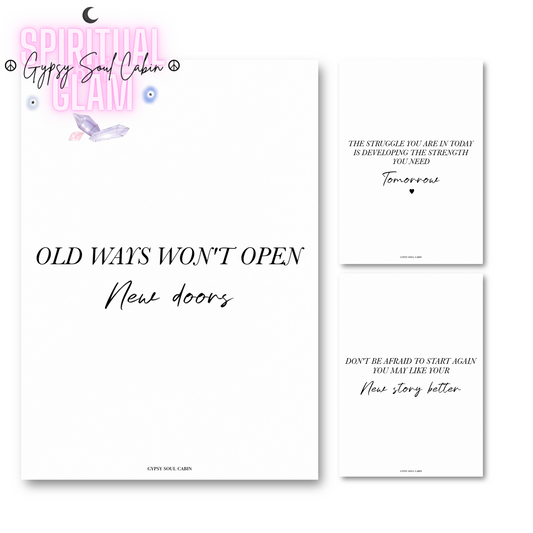 Set of three minimalist black and white typography prints featuring positive mindset quotes and motivational life chapter reminders.