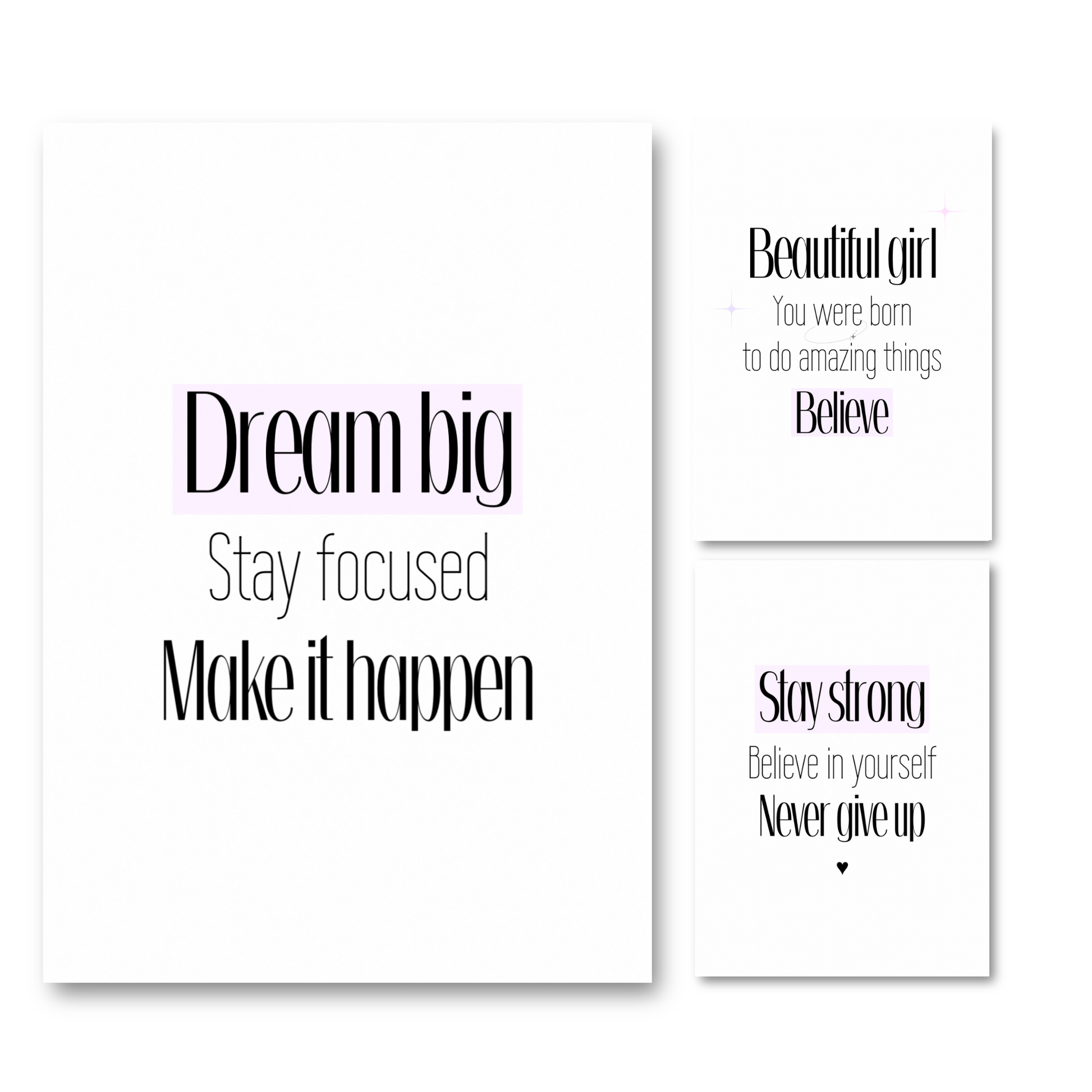 Set of three minimalist black and white typography prints featuring self-love quotes, pink accent highlighting, and independent girl motivation affirmations.