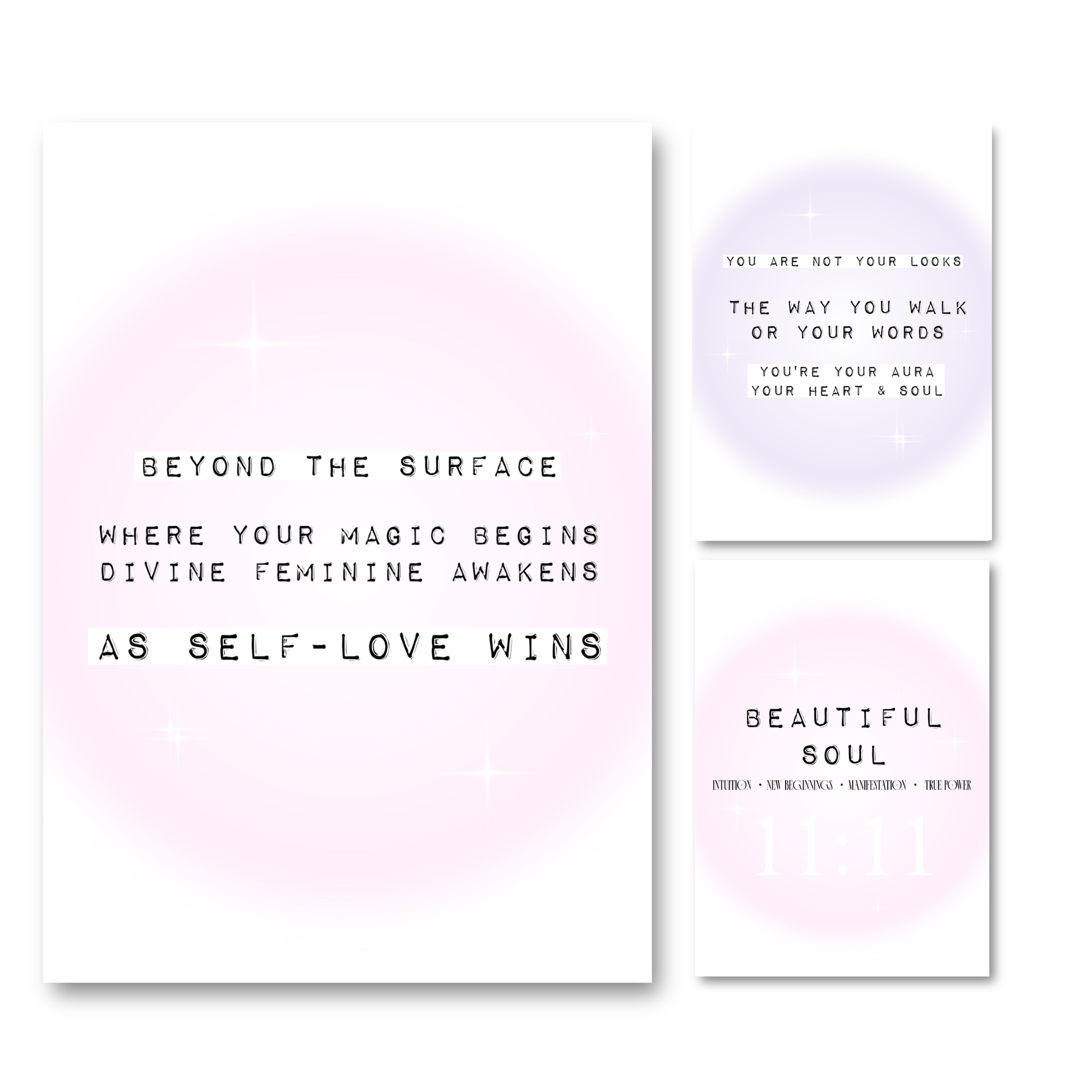 Set of three A4 Gypsy Soul Doll art prints with pink and purple aura gradients, featuring spiritual affirmations about self-love, aura, and an 11:11 angel number design.