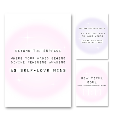 Set of three A4 Gypsy Soul Doll art prints with pink and purple aura gradients, featuring spiritual affirmations about self-love, aura, and an 11:11 angel number design.