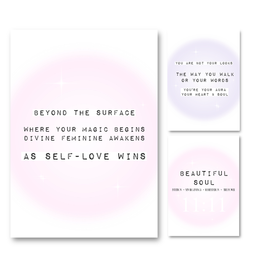 Set of three A4 Gypsy Soul Doll art prints with pink and purple aura gradients, featuring spiritual affirmations about self-love, aura, and an 11:11 angel number design.