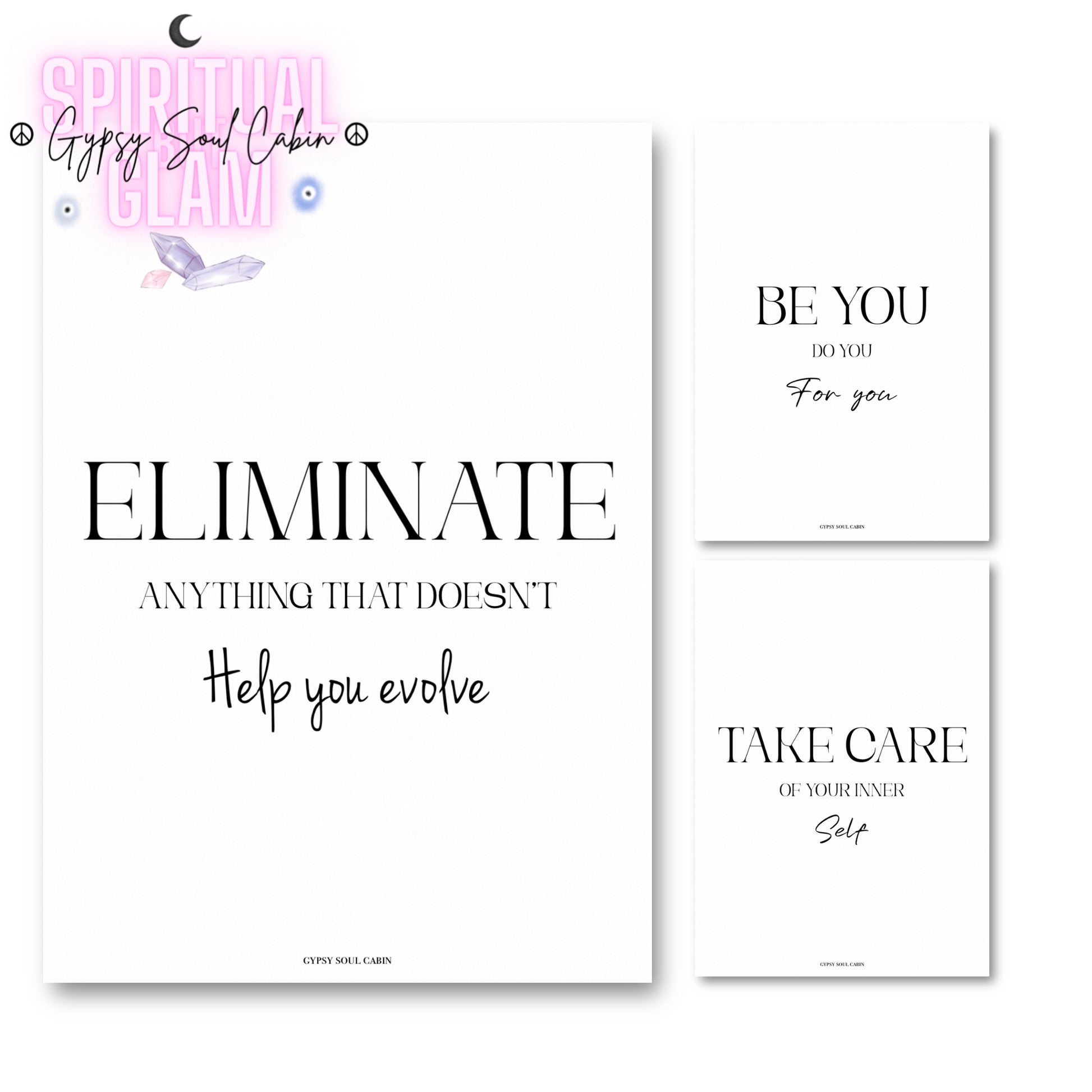 Set of three minimalist black and white typography prints featuring positive growth affirmations and self-care boundaries quotes.