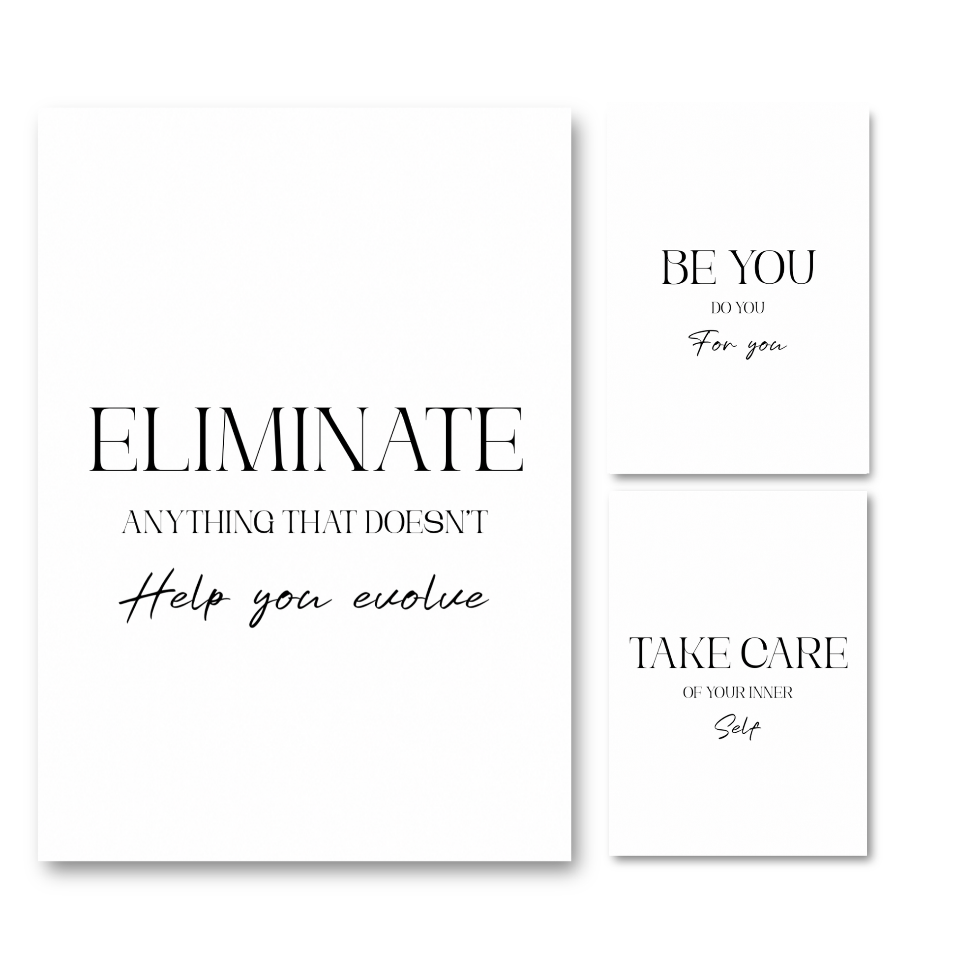 Set of three minimalist black and white typography prints featuring positive growth affirmations and self-care boundaries quotes.
