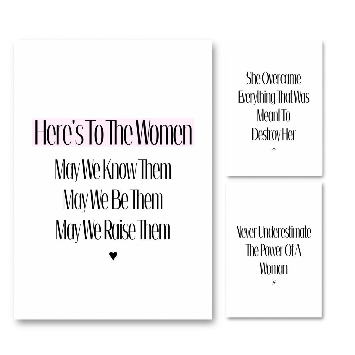 Empowered Women motivational A4 poster print trio featuring high-contrast black typography and pink highlight accent wall art by Gypsy Soul Doll.