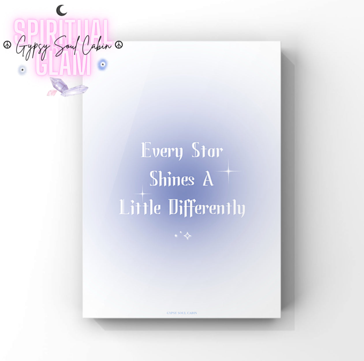Minimalist A4 celestial wall art print featuring a soft blue aura gradient background with bold white gothic serif text reading Every Star Shines A Little Differently.