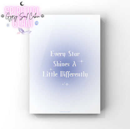 Minimalist A4 celestial wall art print featuring a soft blue aura gradient background with bold white gothic serif text reading Every Star Shines A Little Differently.