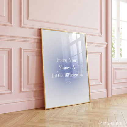 Minimalist A4 celestial wall art print featuring a soft blue aura gradient background with bold white gothic serif text reading Every Star Shines A Little Differently.