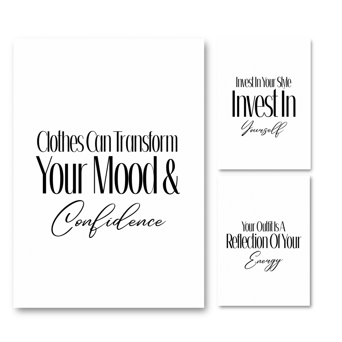 A4 Fashion print set featuring high contrast black editorial typography and cursive script female confidence posters for dressing room decor.