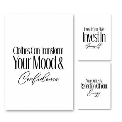 A4 Fashion print set featuring high contrast black editorial typography and cursive script female confidence posters for dressing room decor.