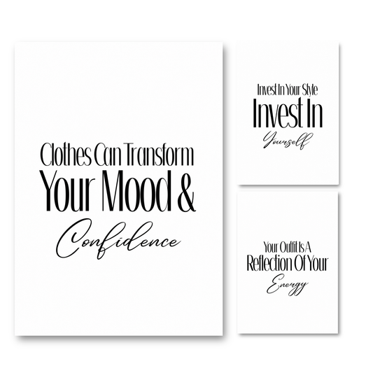 A4 Fashion print set featuring high contrast black editorial typography and cursive script female confidence posters for dressing room decor.