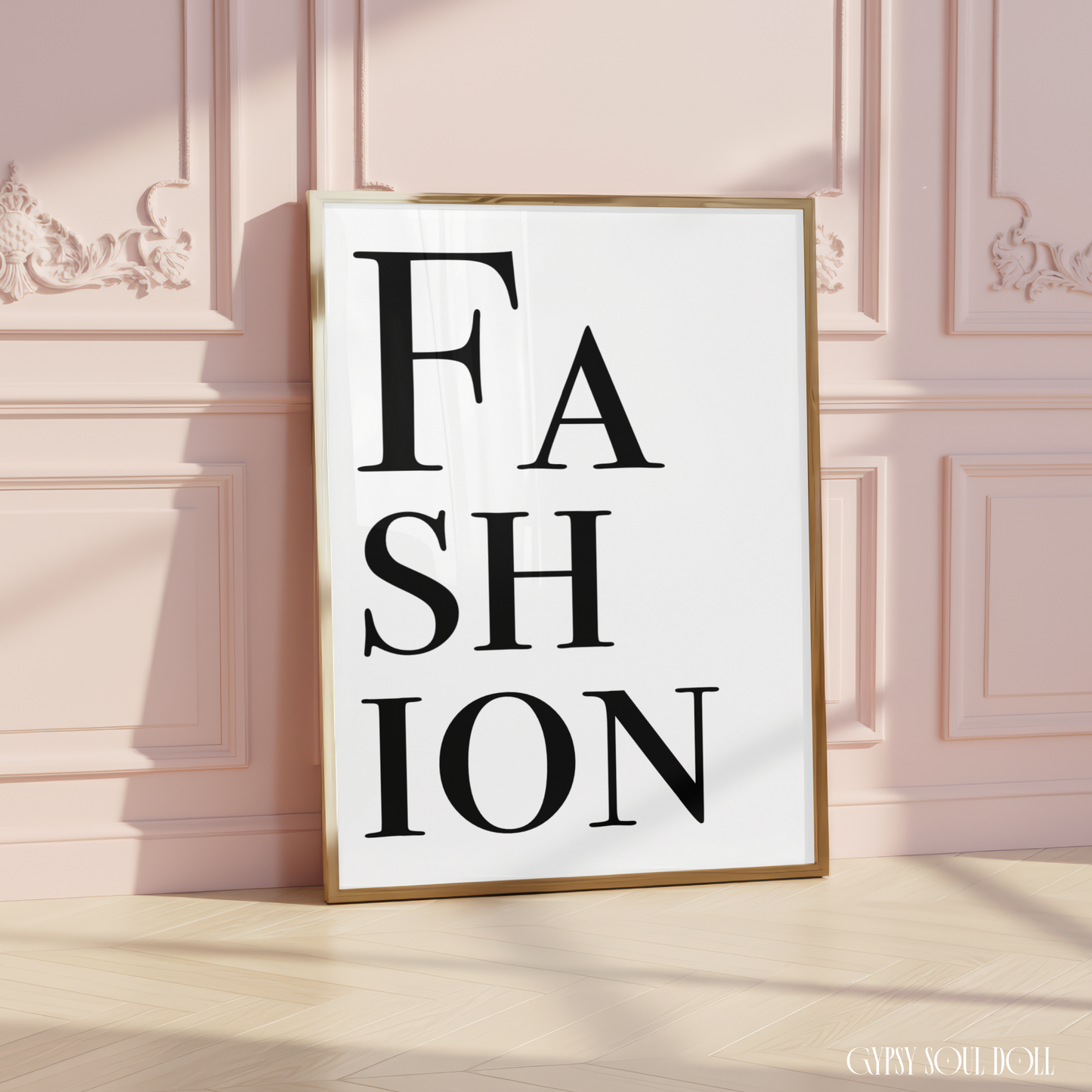 Minimalist A4 fashion print featuring the word FASHION stacked vertically in bold black serif typography on a clean white background.