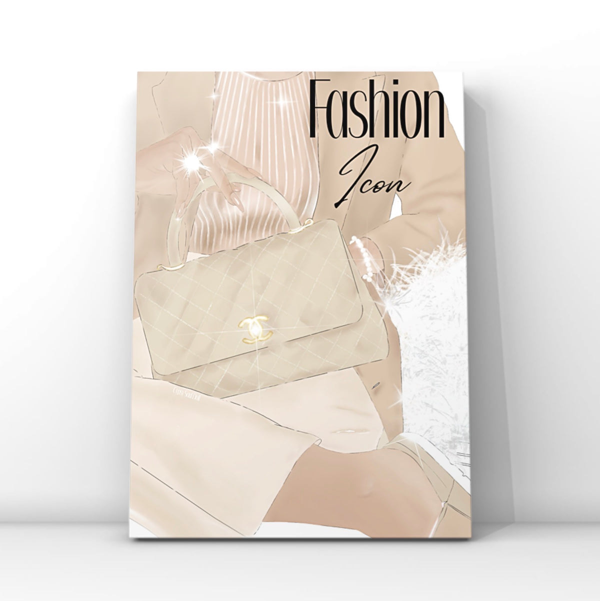 A vertical fashion art print leaning against a white wall on a light grey floor. The print features a stylised fashion illustration of a person holding a quilted beige handbag with a gold logo, wearing a cream pleated top and beige skirt by Gypsy Soul Doll.