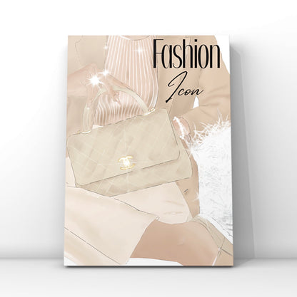 A vertical fashion art print leaning against a white wall on a light grey floor. The print features a stylised fashion illustration of a person holding a quilted beige handbag with a gold logo, wearing a cream pleated top and beige skirt by Gypsy Soul Doll.