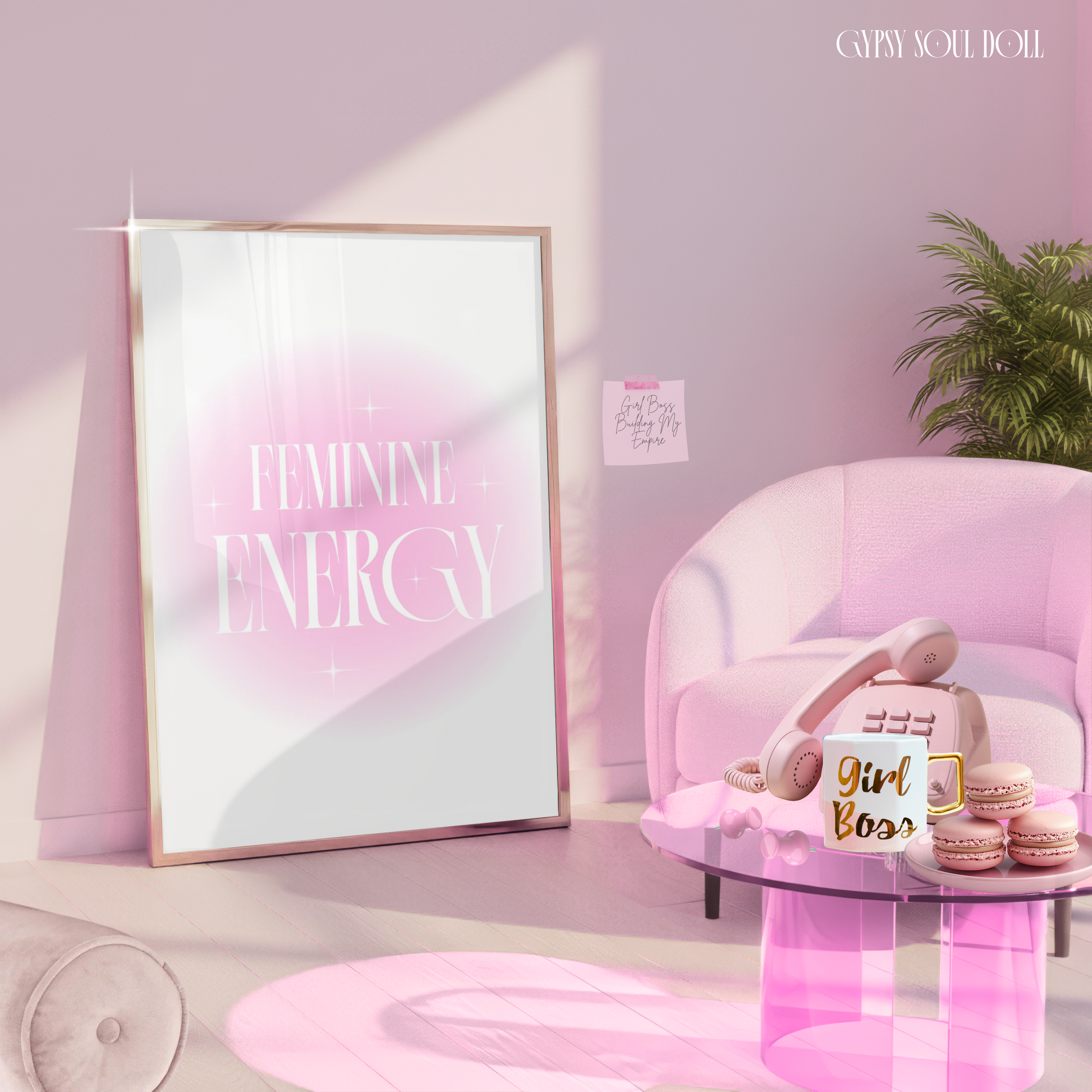 Alt text
Pink gradient aura typography print featuring the bold text Feminine Energy surrounded by glowing Y2K cosmic star sparkles.