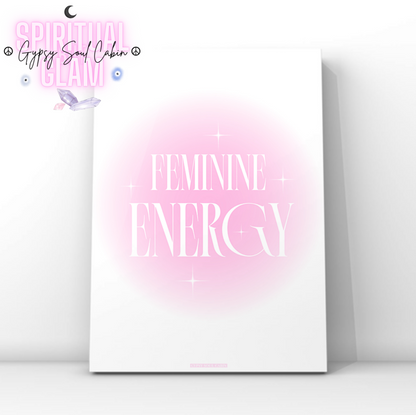 Pink gradient aura typography print featuring the bold text Feminine Energy surrounded by glowing Y2K cosmic star sparkles.